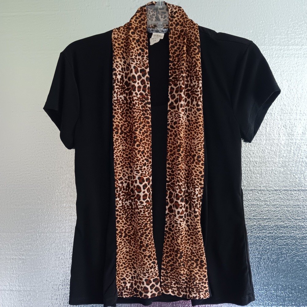 Double Take Petites Vintage Womens PM Black Leopard Tee Lined Cardigan.